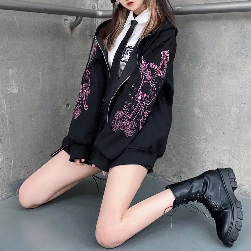 Women cardigan hooded Punk Pattern Printed Zipper Ribbon hoodie Retro black oversized jacket streetwear retro couple jacket top