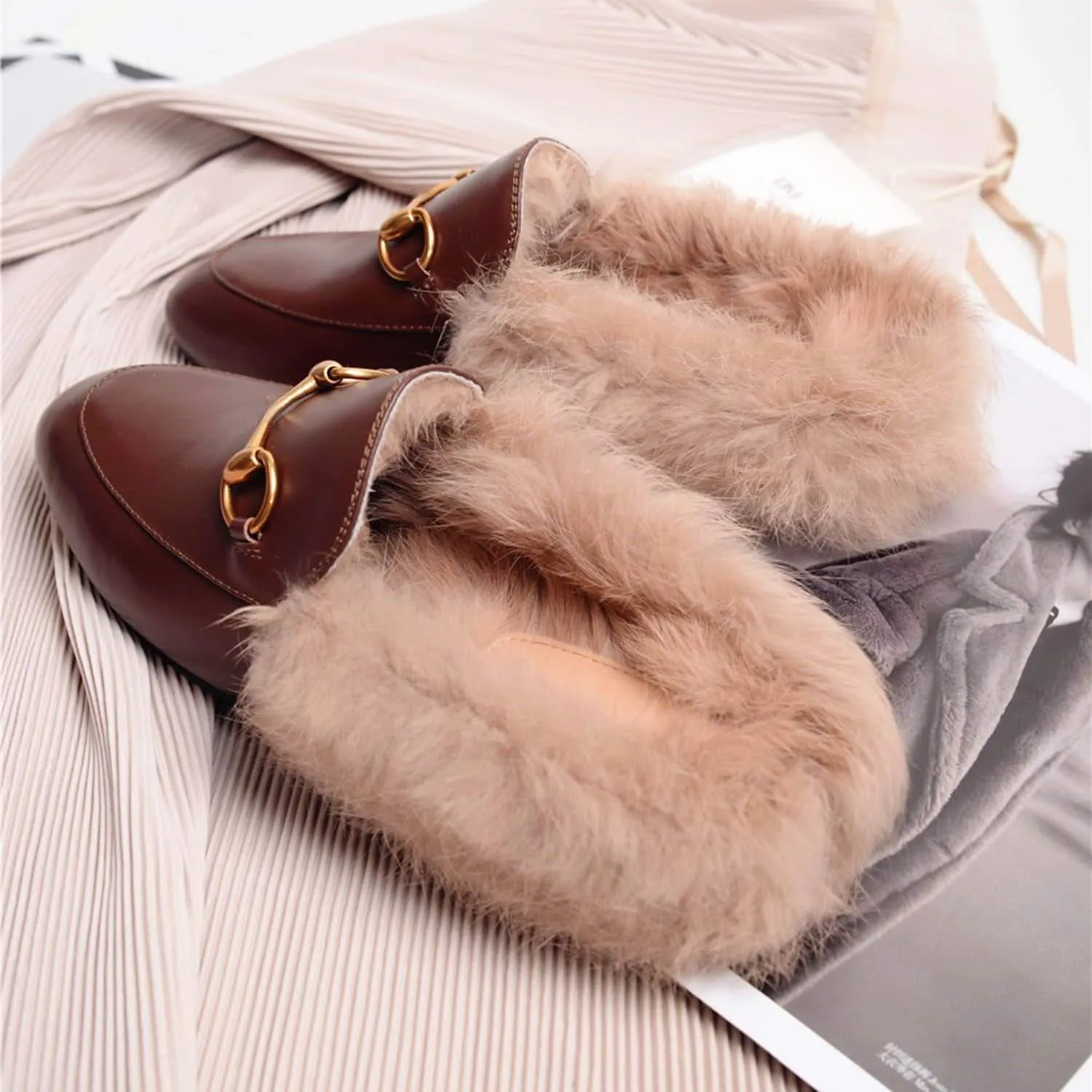 Women Handmade Leather Fur Flat Slippers Mules