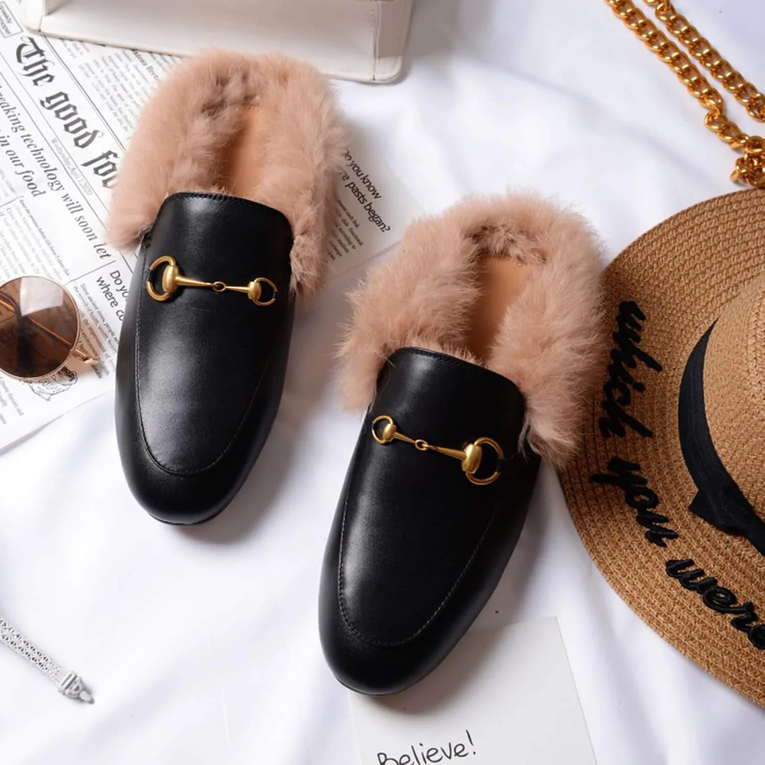 Women Handmade Leather Fur Flat Slippers Mules