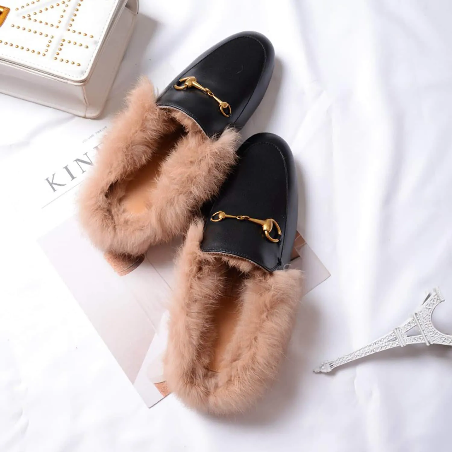 Women Handmade Leather Fur Flat Slippers Mules