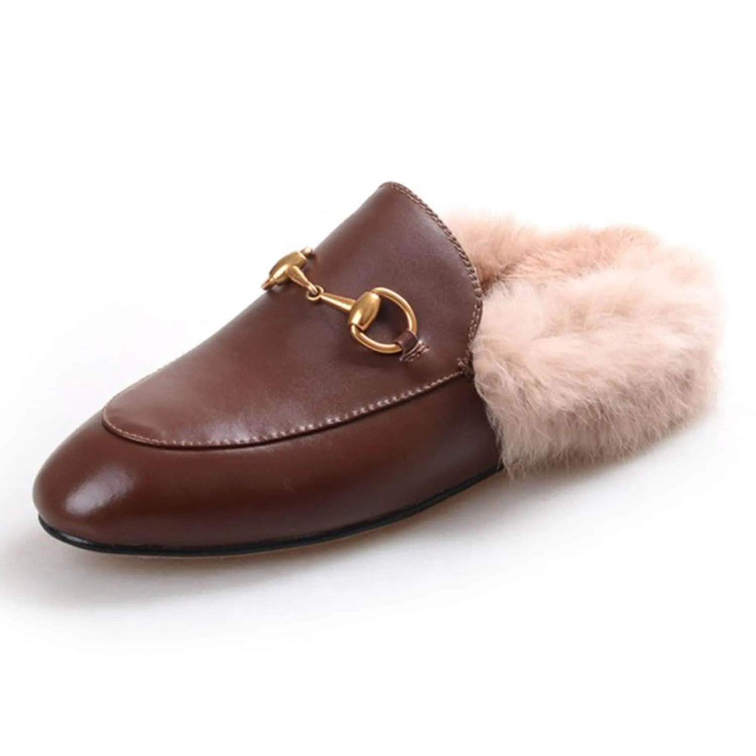 Women Handmade Leather Fur Flat Slippers Mules