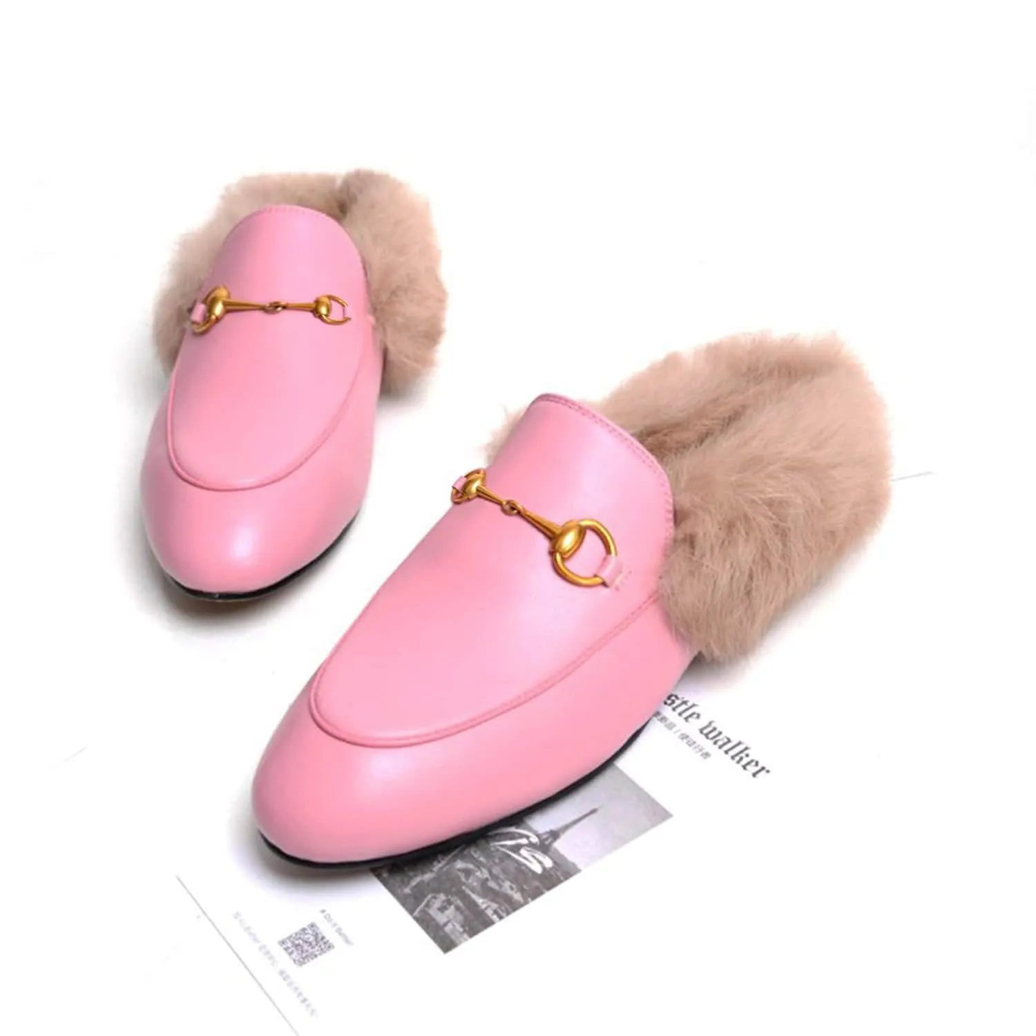 Women Handmade Leather Fur Flat Slippers Mules