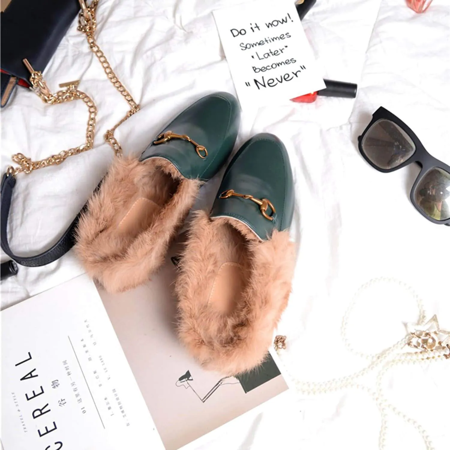 Women Handmade Leather Fur Flat Slippers Mules