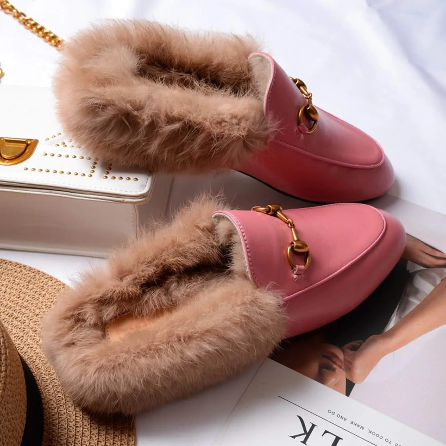 Women Handmade Leather Fur Flat Slippers Mules