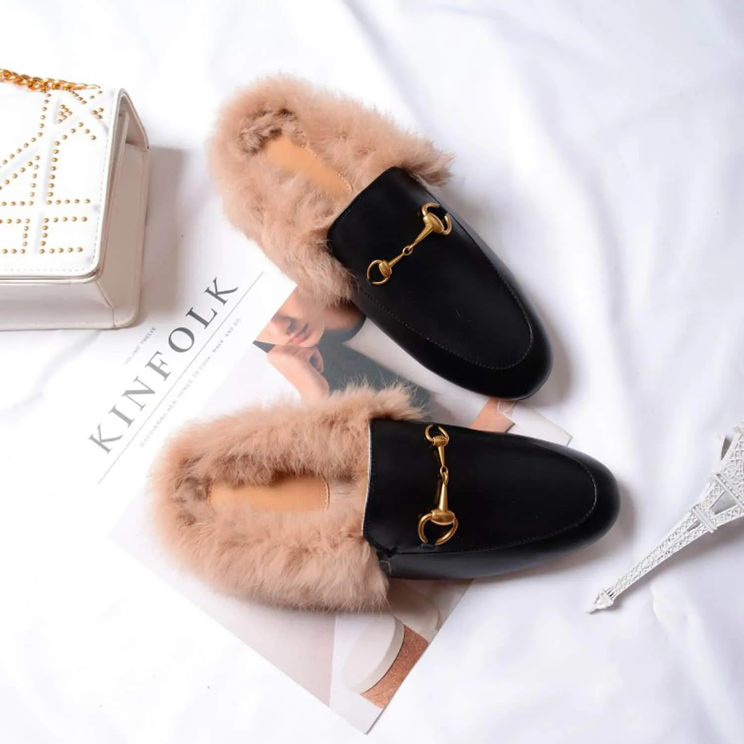 Women Handmade Leather Fur Flat Slippers Mules