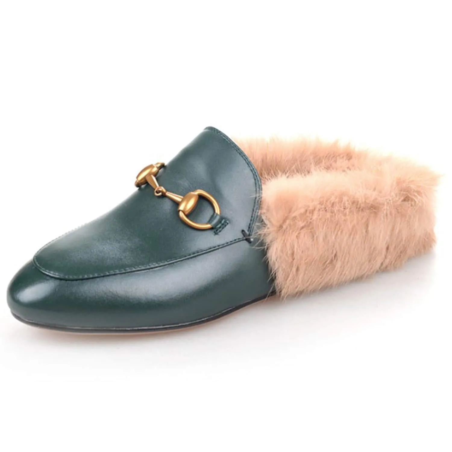 Women Handmade Leather Fur Flat Slippers Mules