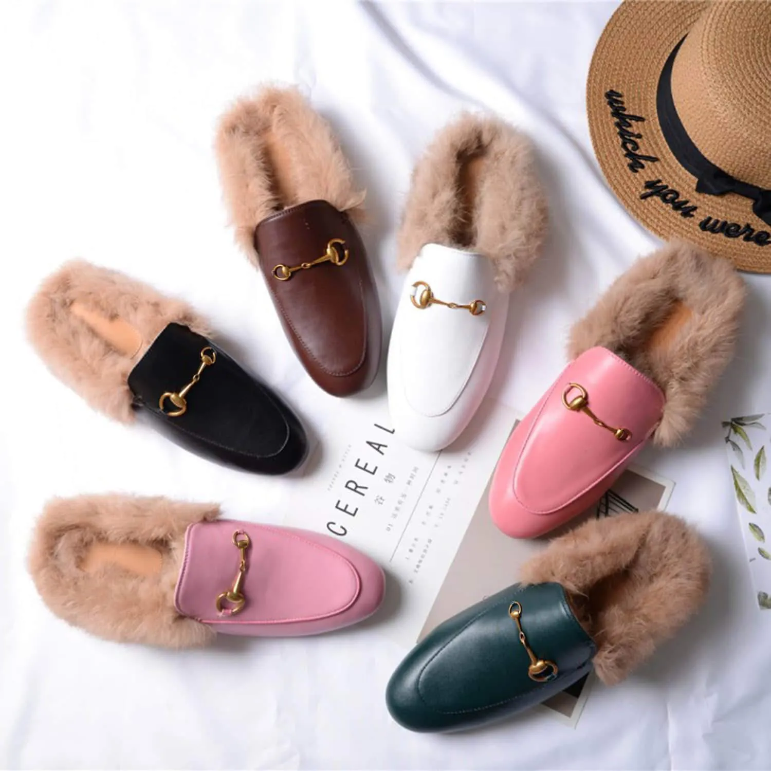 Women Handmade Leather Fur Flat Slippers Mules