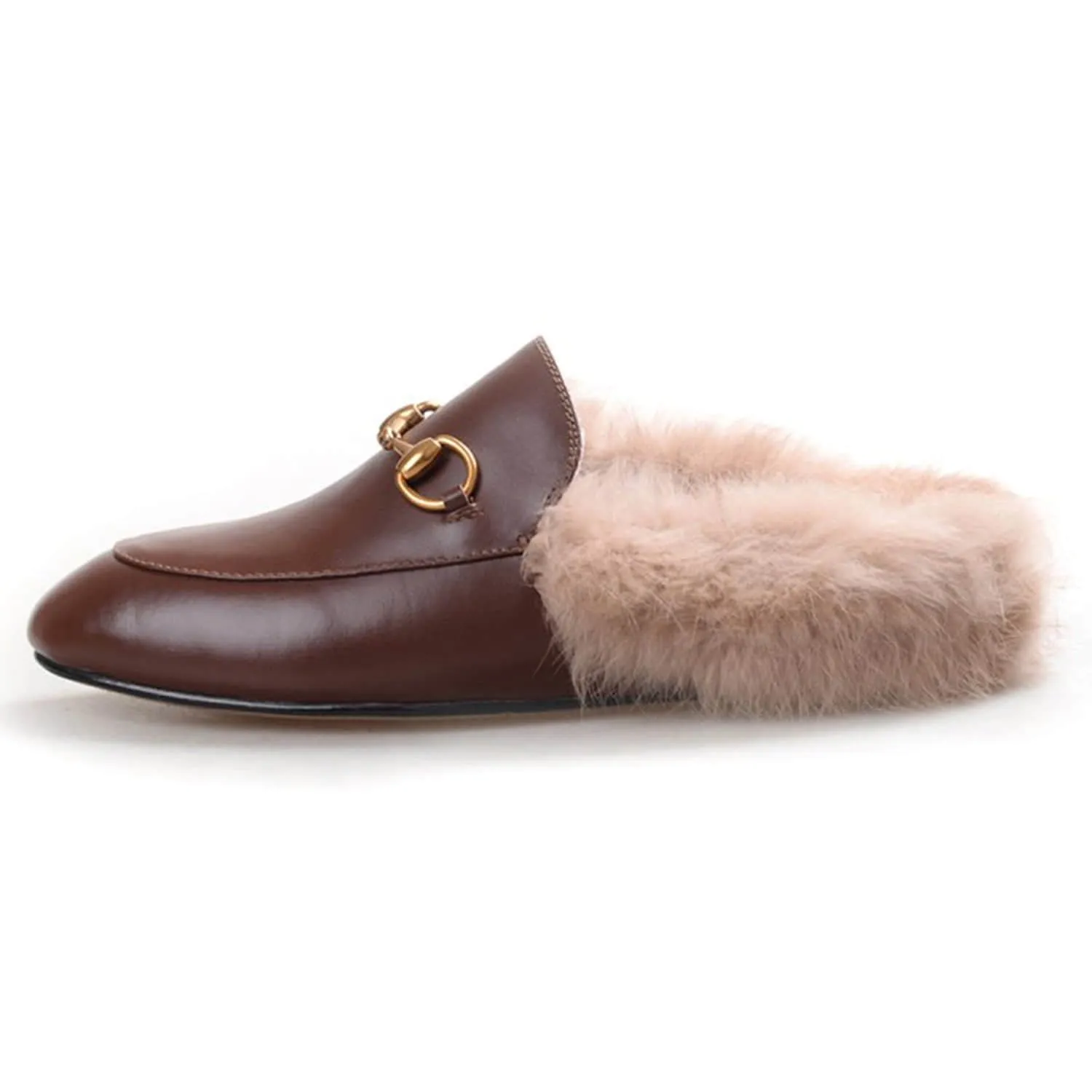 Women Handmade Leather Fur Flat Slippers Mules