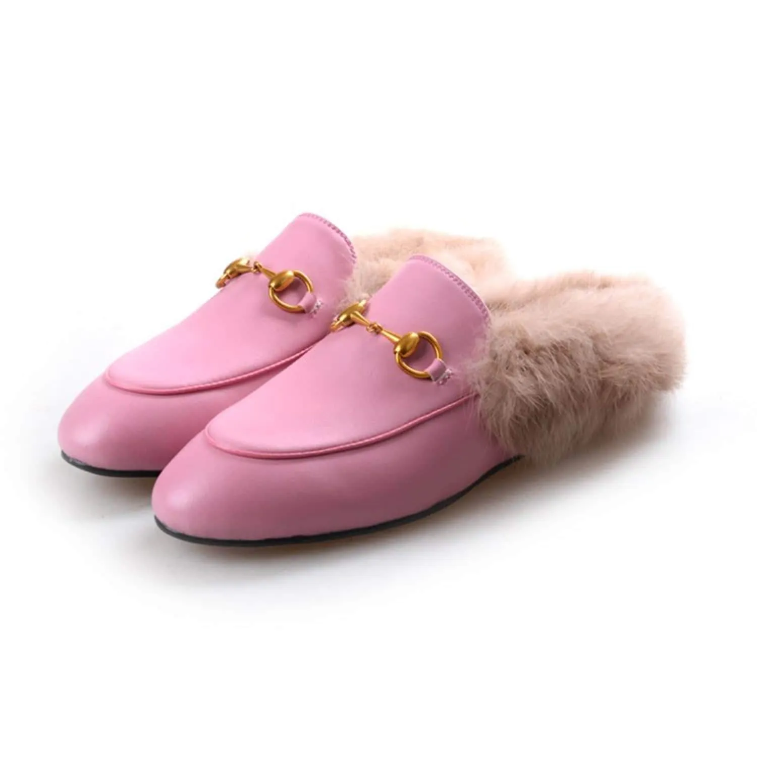 Women Handmade Leather Fur Flat Slippers Mules