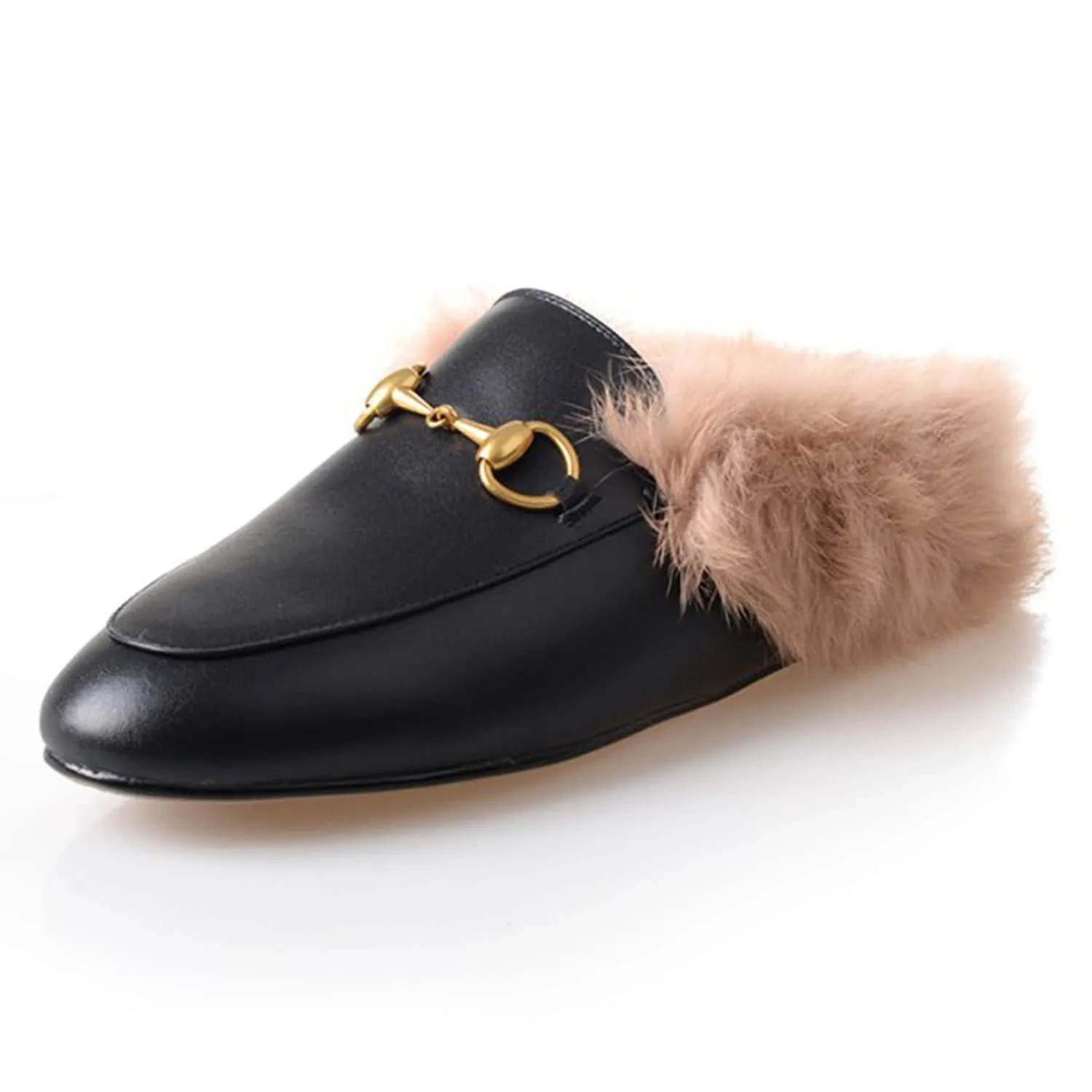 Women Handmade Leather Fur Flat Slippers Mules