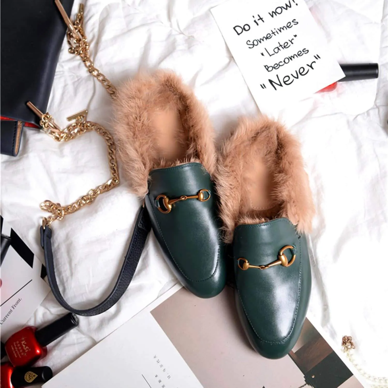 Women Handmade Leather Fur Flat Slippers Mules