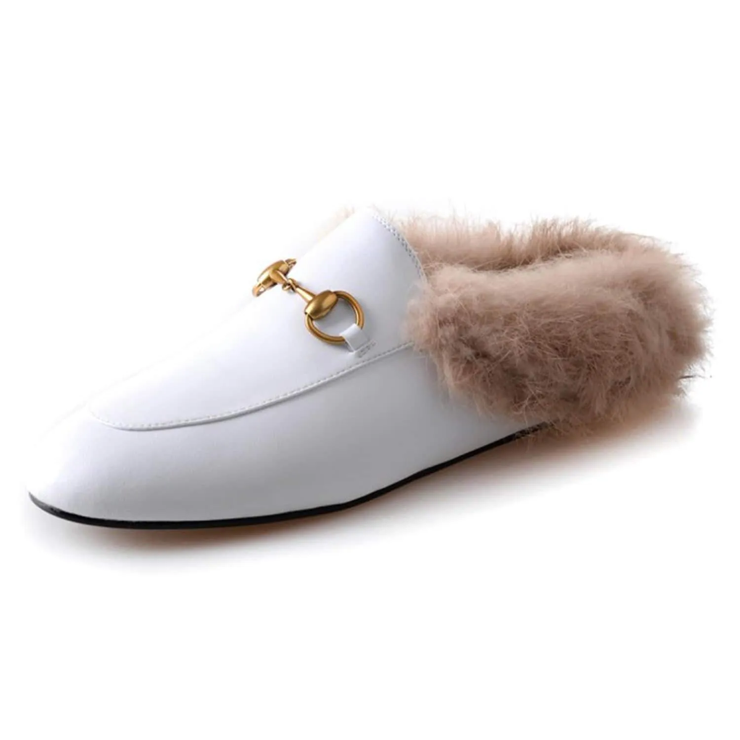 Women Handmade Leather Fur Flat Slippers Mules