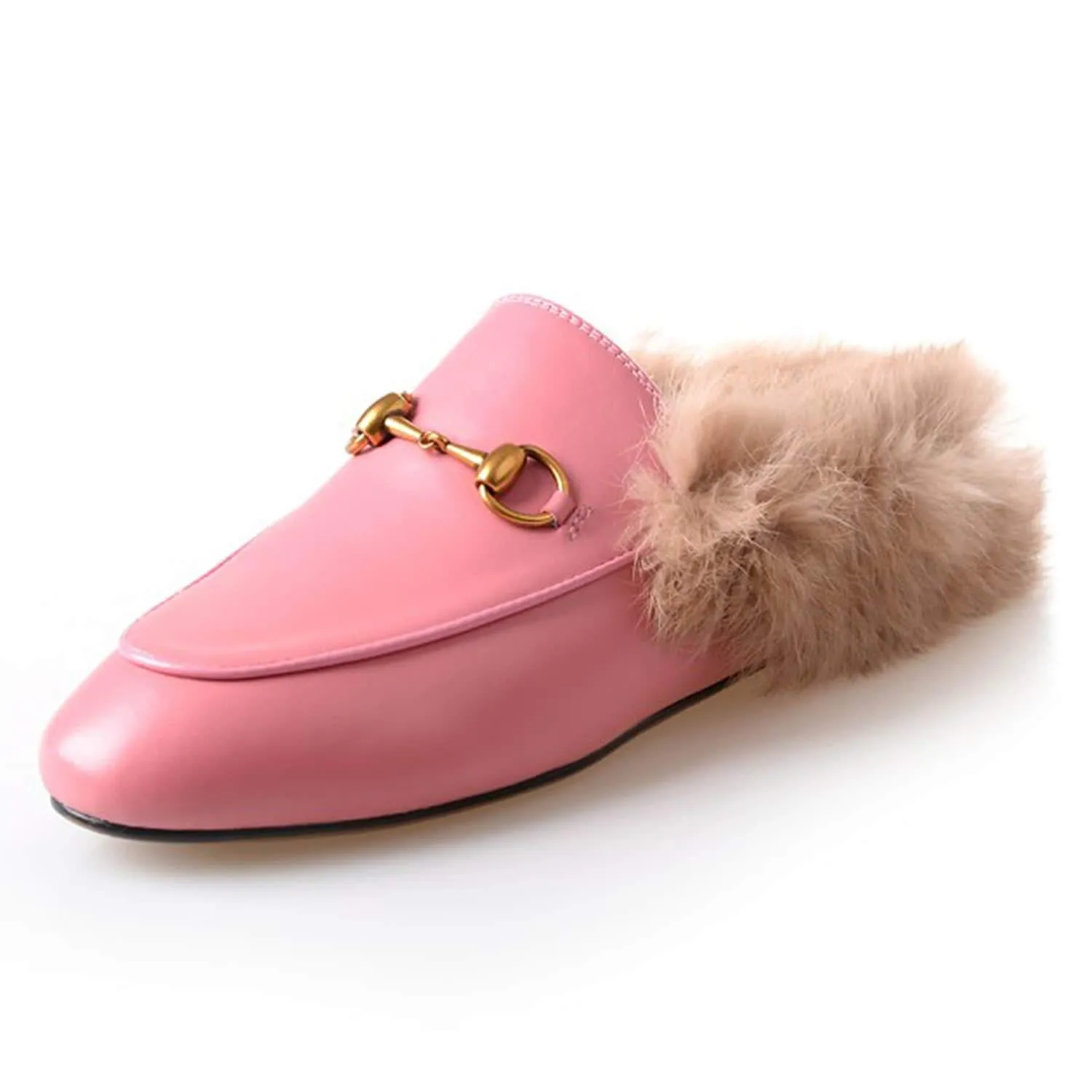 Women Handmade Leather Fur Flat Slippers Mules