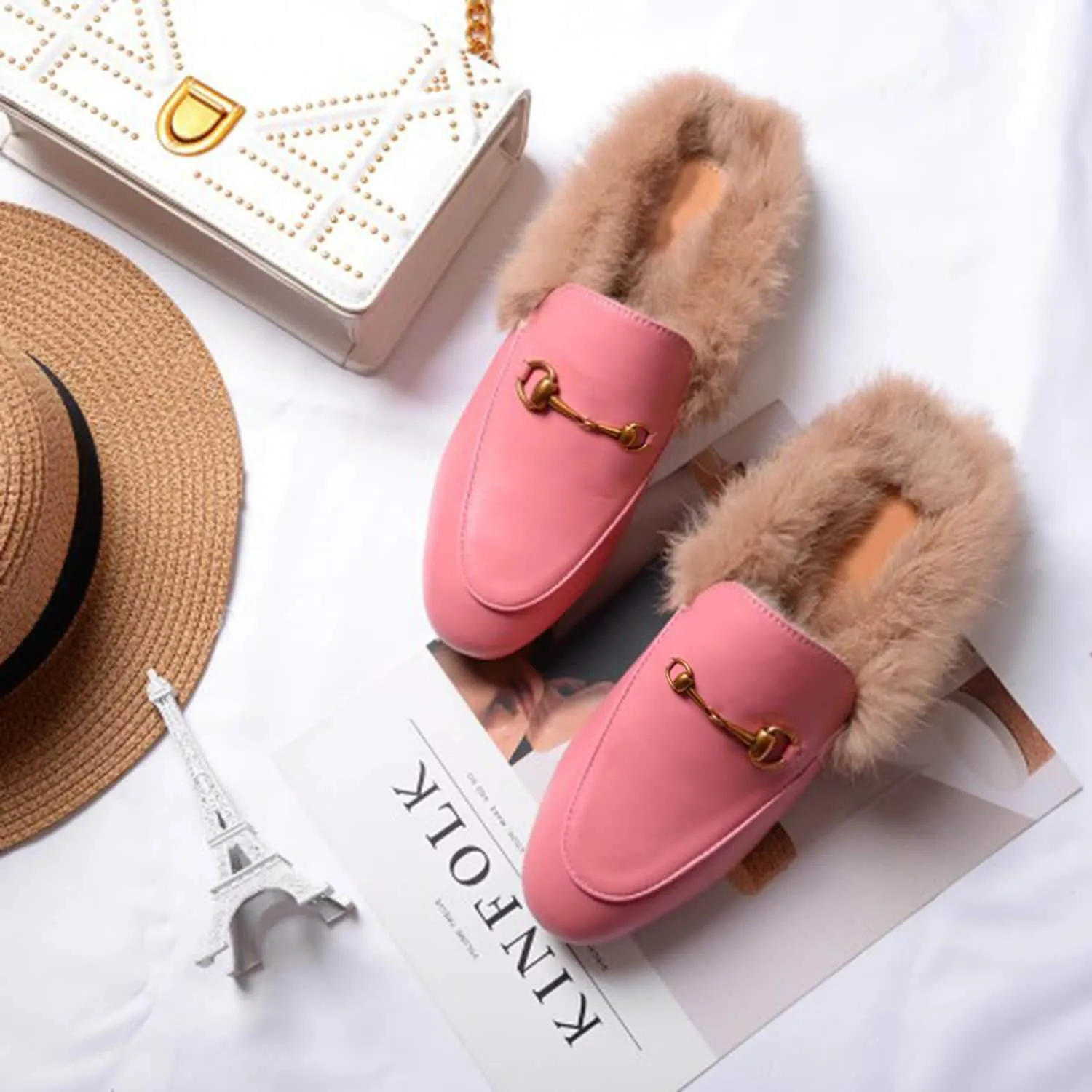 Women Handmade Leather Fur Flat Slippers Mules