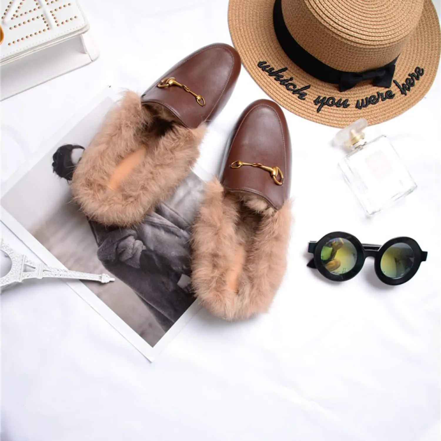 Women Handmade Leather Fur Flat Slippers Mules