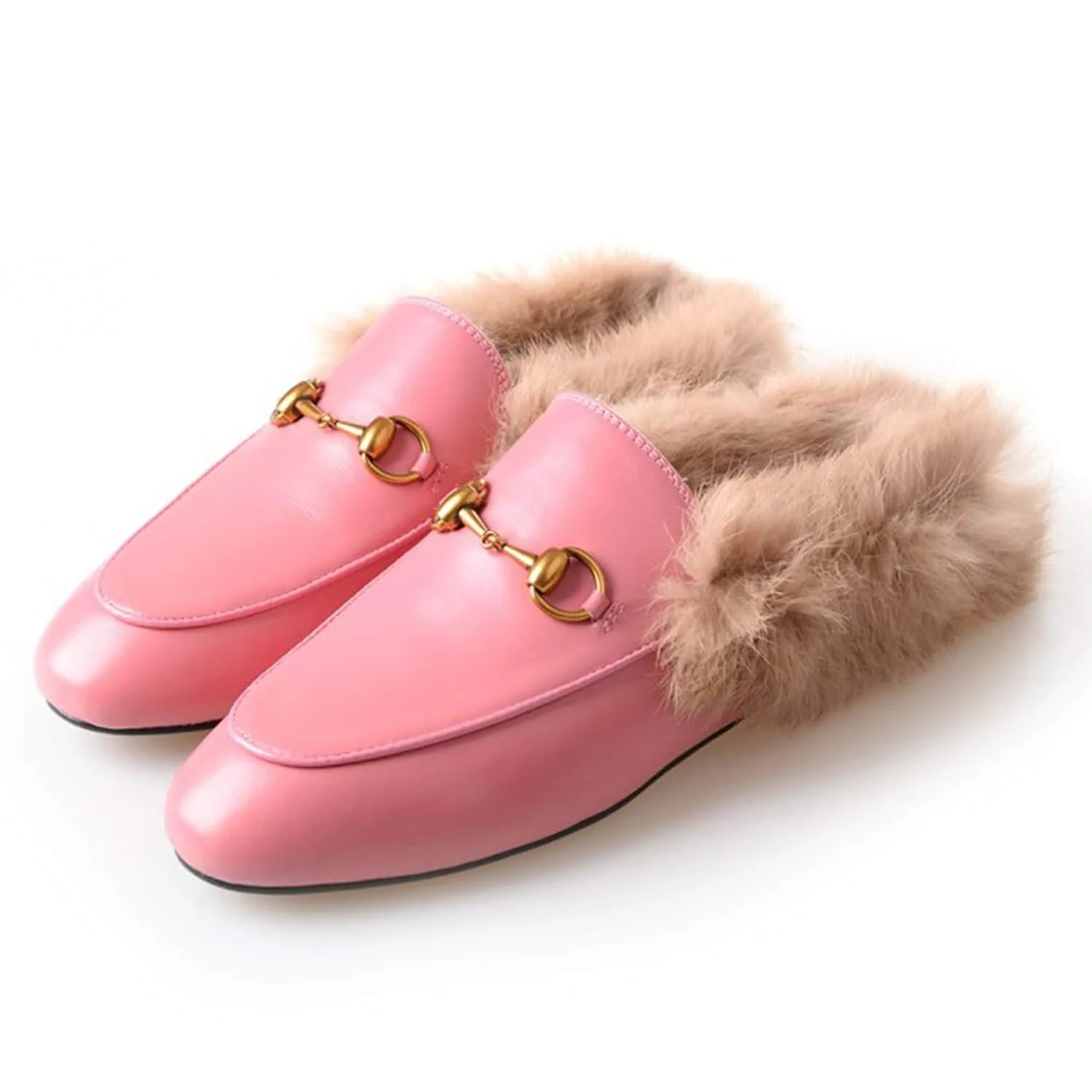 Women Handmade Leather Fur Flat Slippers Mules