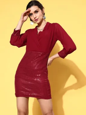 Women Maroon Sequins Short Wrap Bodycon Dress