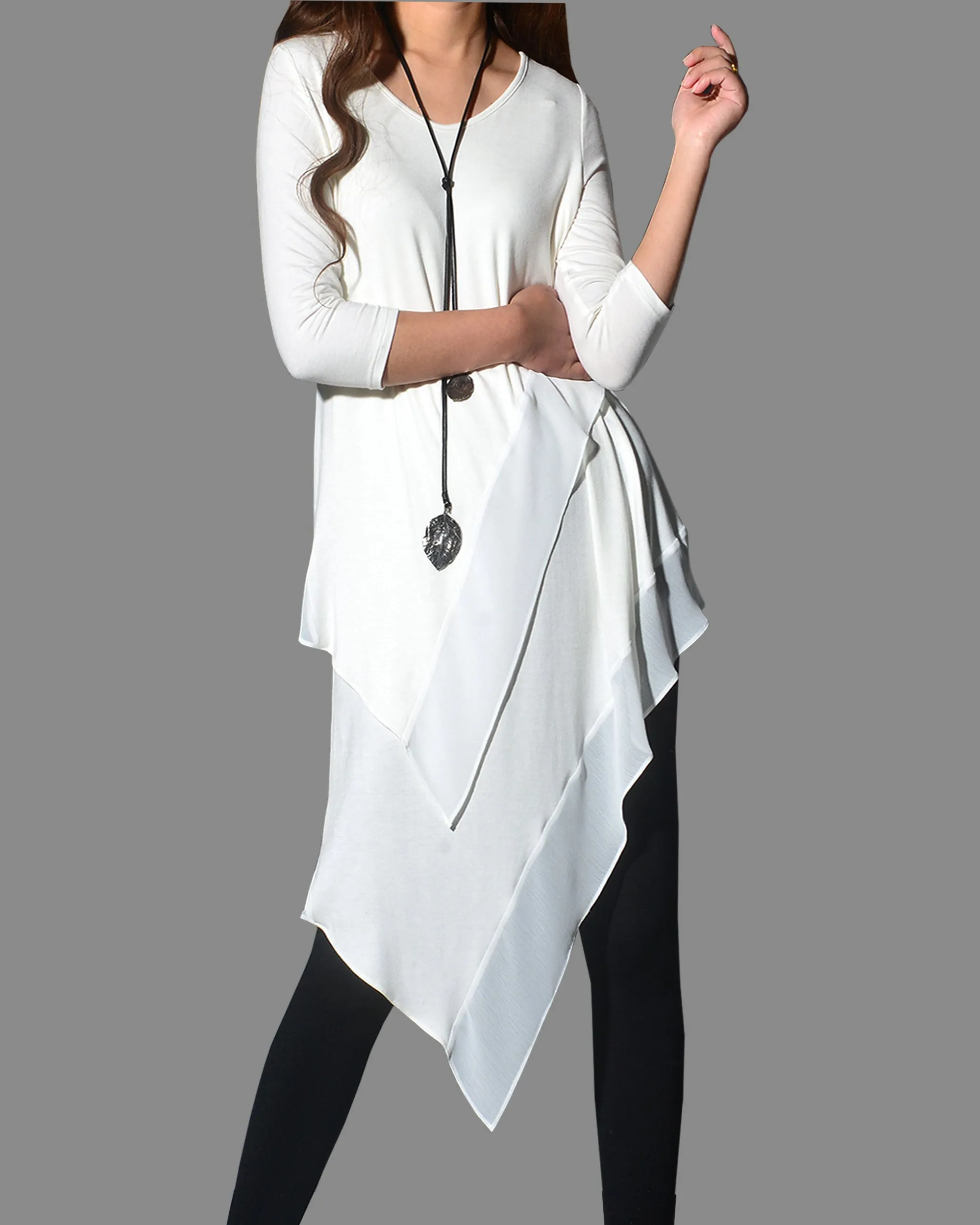 Women's Chiffon and Modal Tunic Dress, Asymmetrical Dress, 3/4 Sleeve Tunic top, Customized Dress, White dress, Casual t-shirt, half sleeve top(Q1997a)