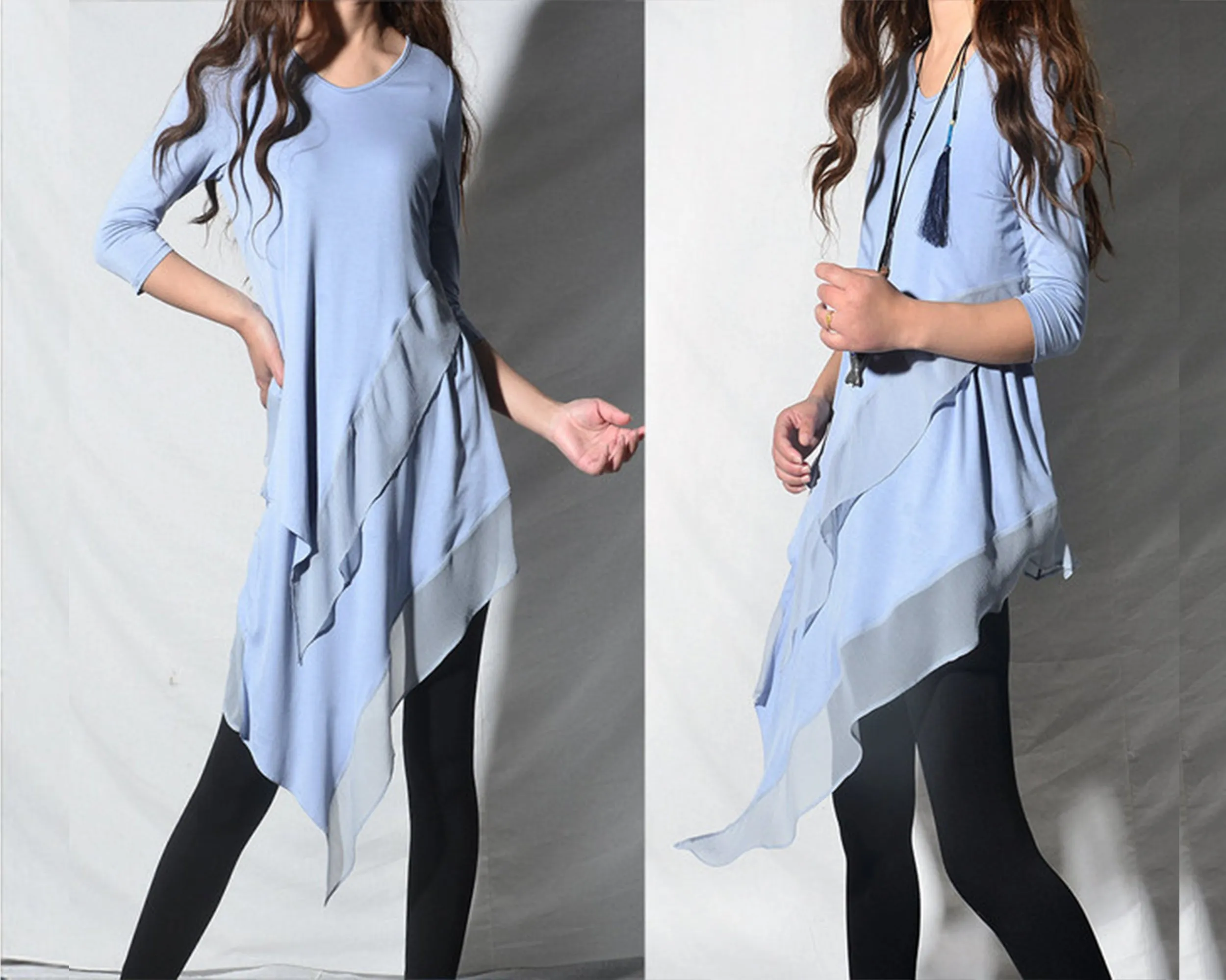 Women's Chiffon and Modal Tunic Dress, Asymmetrical Dress, 3/4 Sleeve Tunic top, Customized Dress, White dress, Casual t-shirt, half sleeve top(Q1997a)