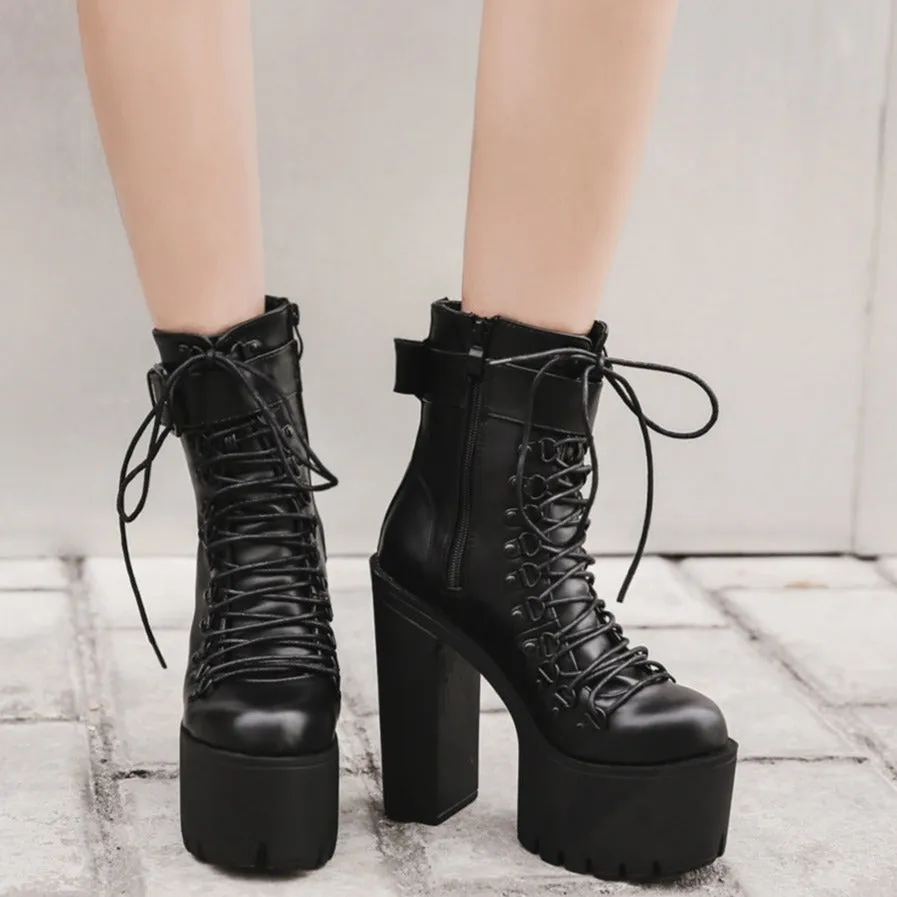 Womens Goth Lace Up Boots Platform Chunky High Heel Ankle Boots With Buckle