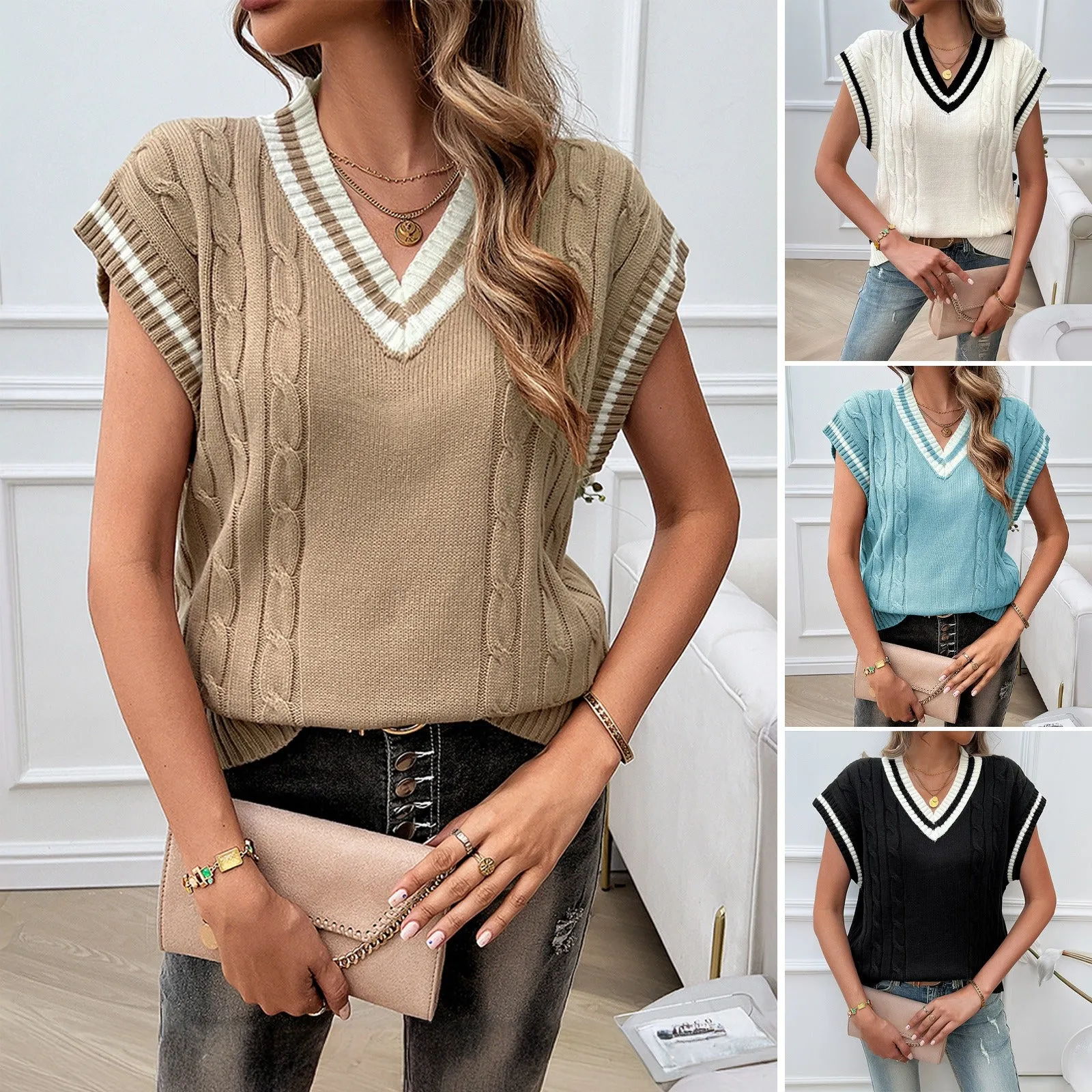 Women's loose casual V-neck contrasting vest sweater for autumn and winter sleeveless top